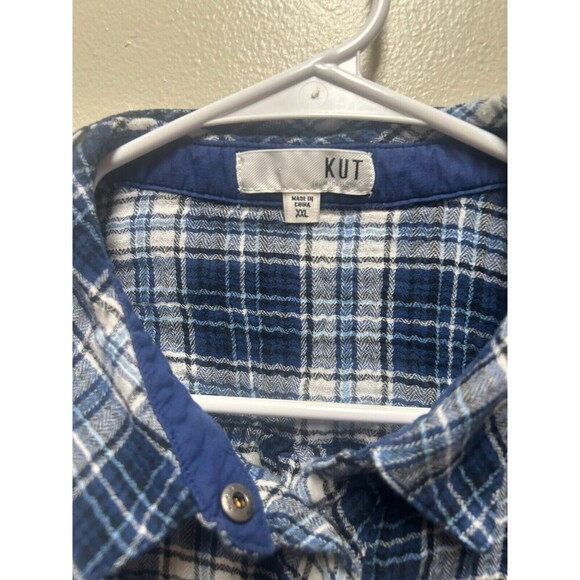 Kut from Kloth Plaid Relaxed Button-Up Shirt womens XXL snap button blue - Picture 3 of 7